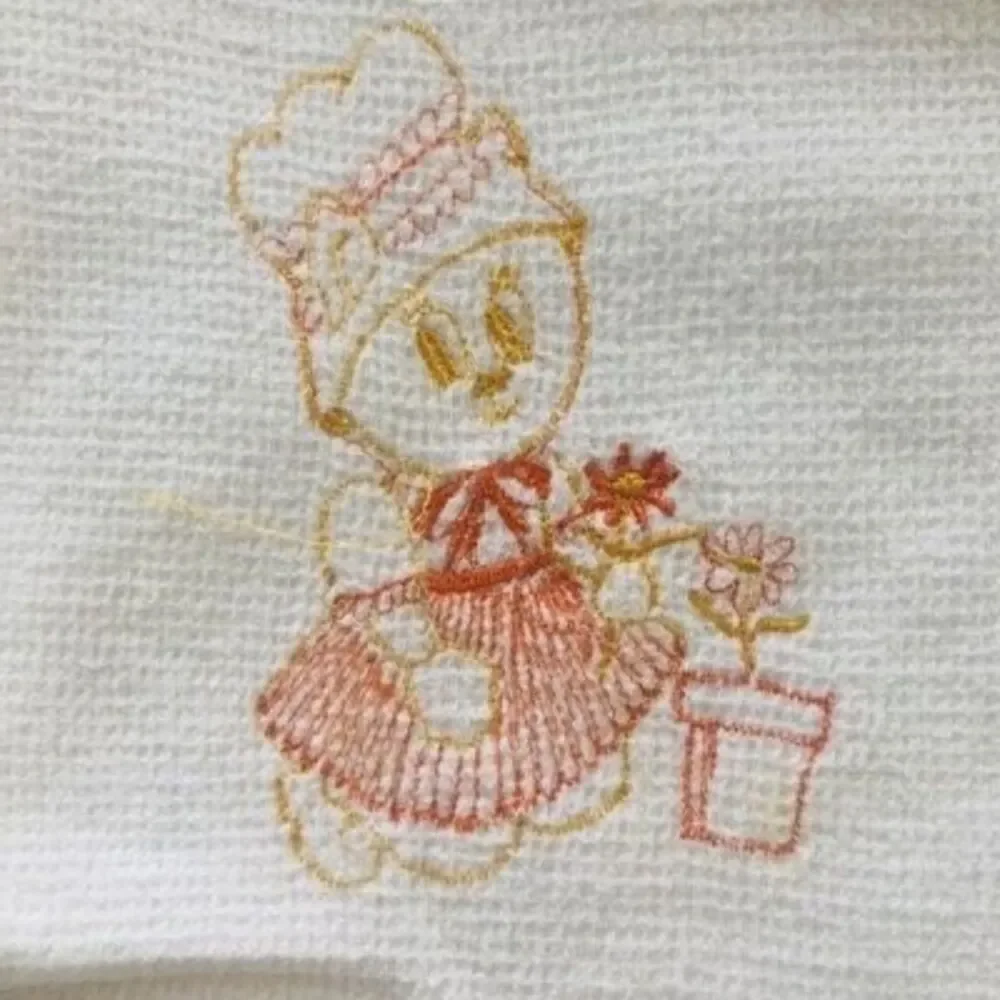 vtg waffle weave baby blanket satin trim white embroidered duck‎ flower 38x21in